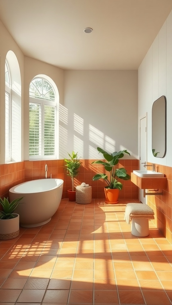 A bathroom featuring terracotta tiles and lush green plants