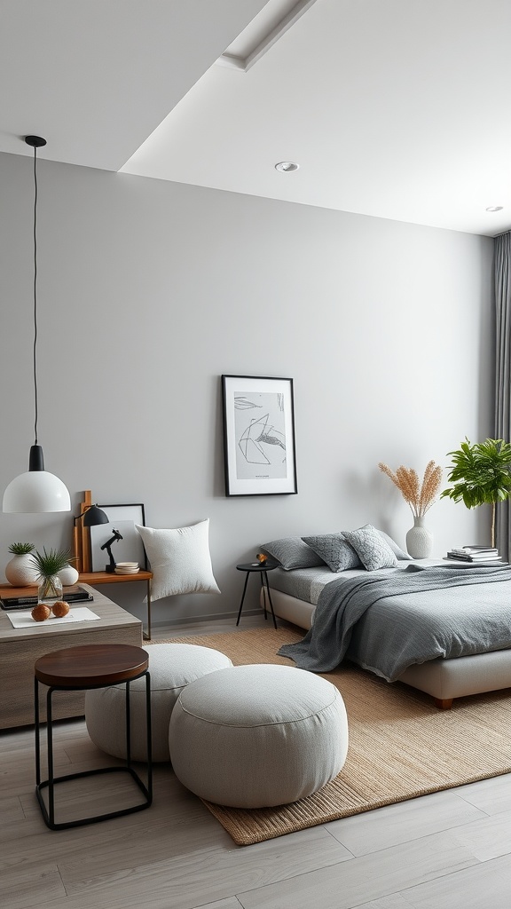 A minimalist bedroom featuring pale gray walls, a simple bed, and modern decor.