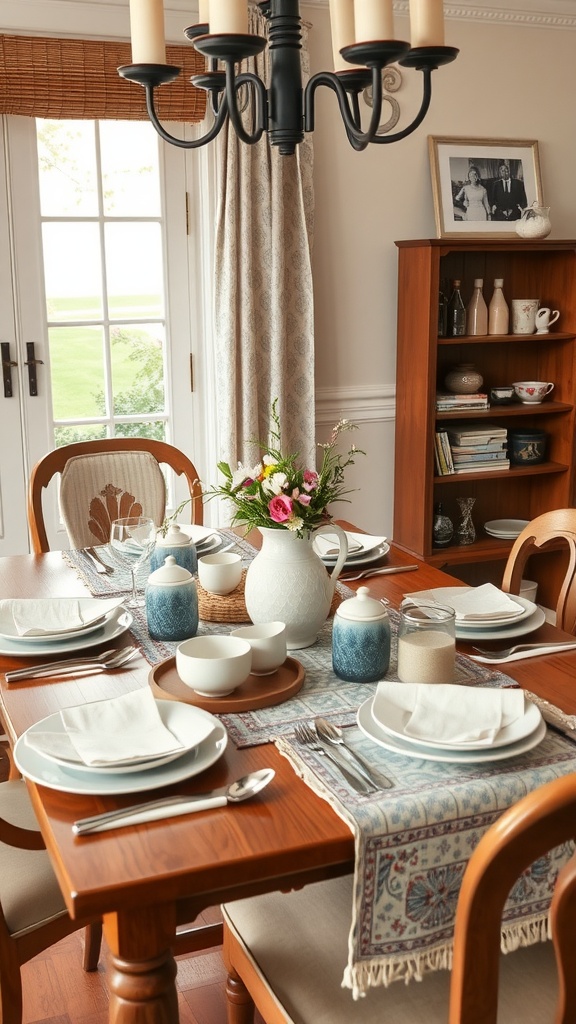 A cozy dining room featuring a round wooden table set with dishes and surrounded by stylish decor.