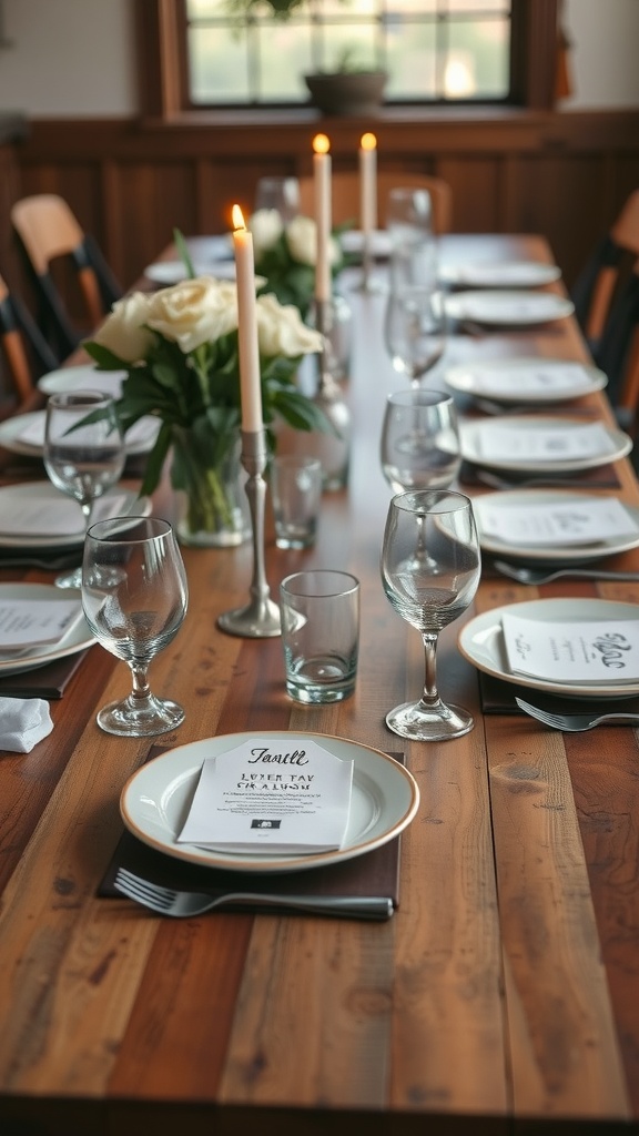 A cozy dining room table set with personalized place settings, candles, and flowers.