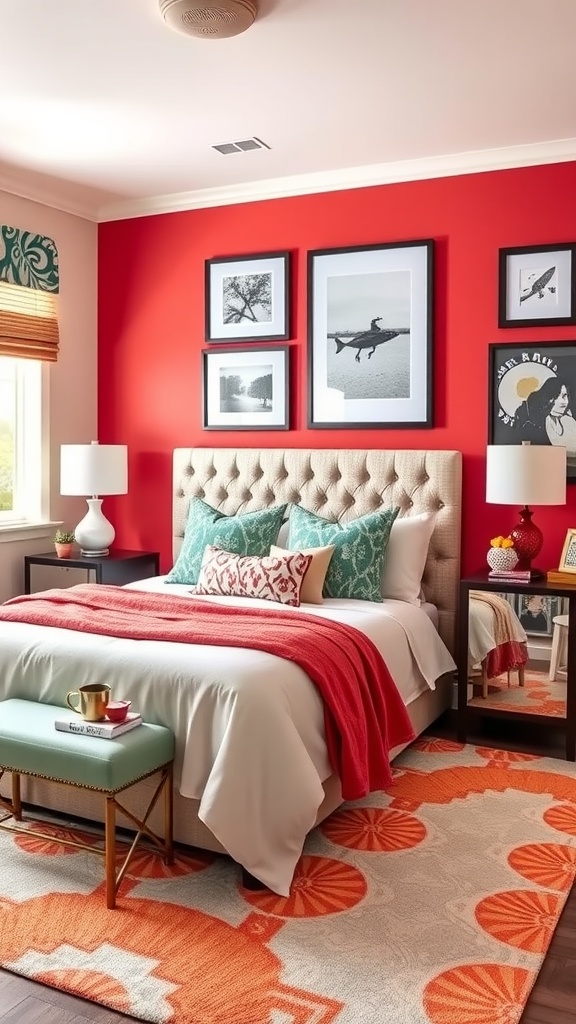 A stylish bedroom with coral and teal walls, featuring a pink headboard and striped bedding.