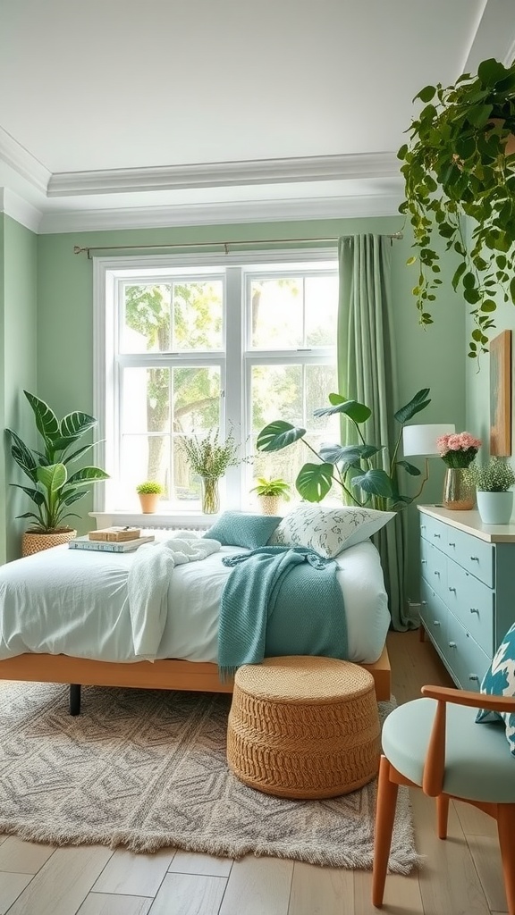 A stylish bedroom with mint green walls, plants, and cozy decor