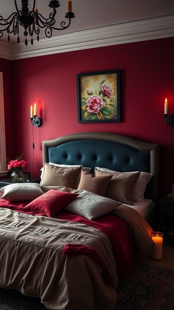 A cozy bedroom with rich burgundy accent walls, plush bedding, and elegant decor.