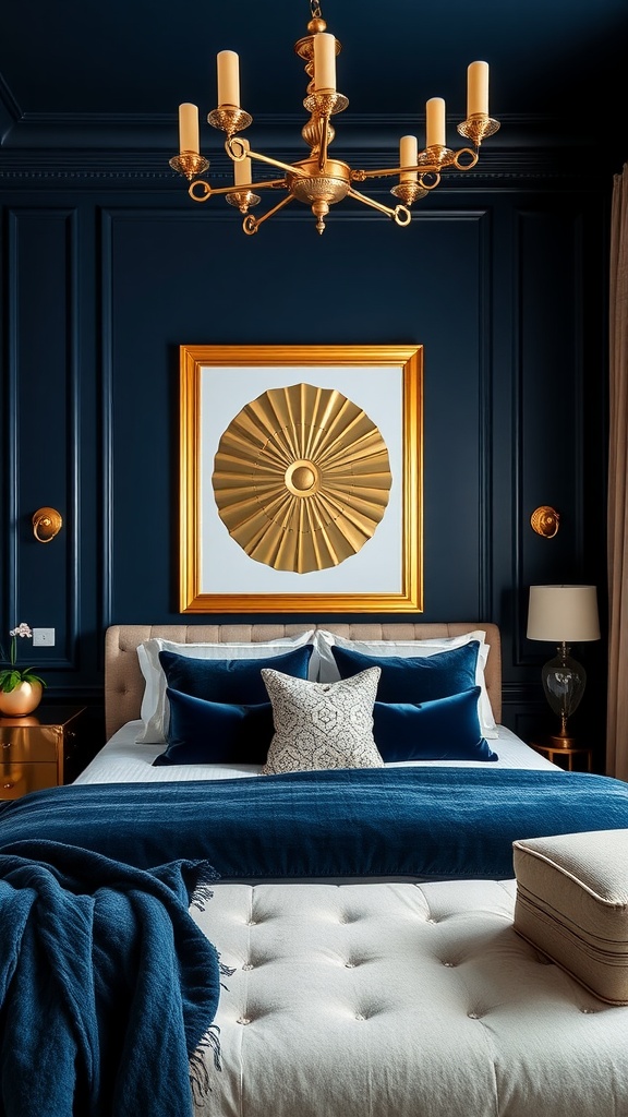 Stylish bedroom featuring rich navy blue walls, a beige bed with colorful pillows, and warm lighting.