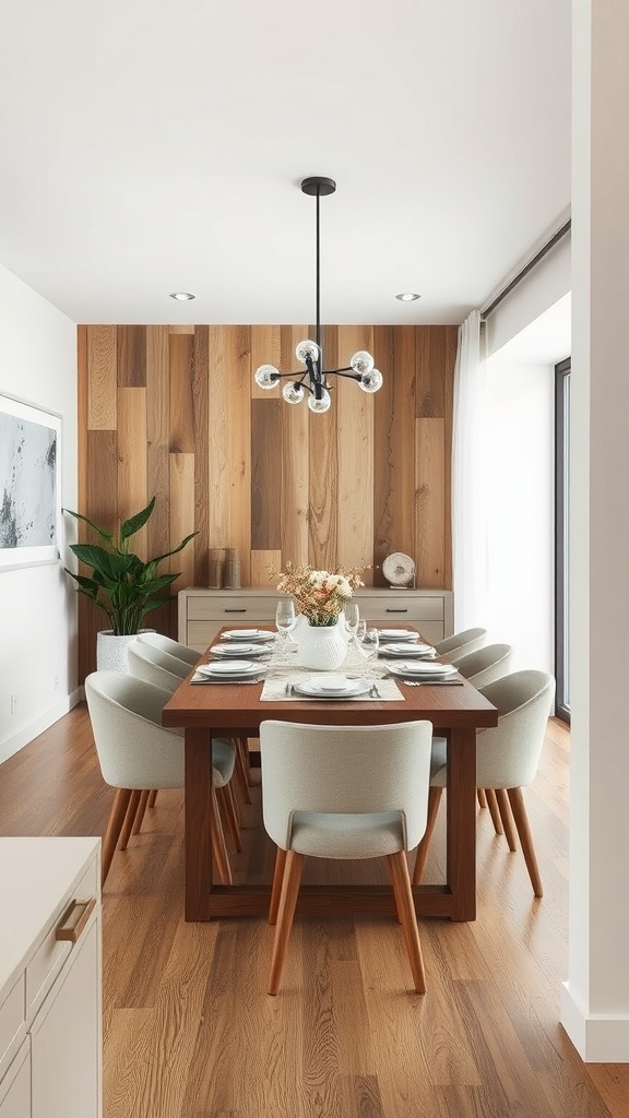 A modern dining room featuring a wooden accent wall, a large dining table with upholstered chairs, and stylish decor.