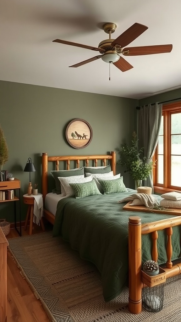 Cozy bedroom featuring rustic olive green walls, wooden furniture, and stylish decor.