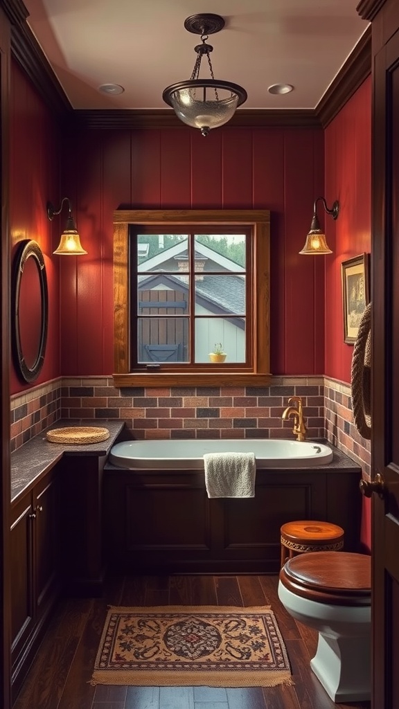 A rustic bathroom featuring red wooden walls, brown accents, and natural wood elements.