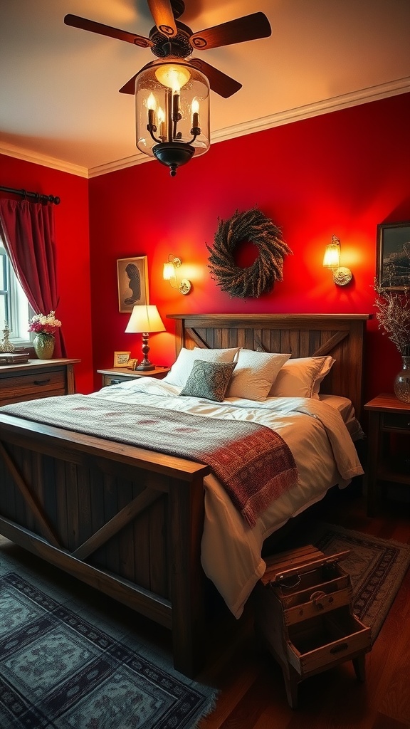 A cozy bedroom featuring a warm red wall, soft bedding, and natural light, creating an intimate atmosphere.