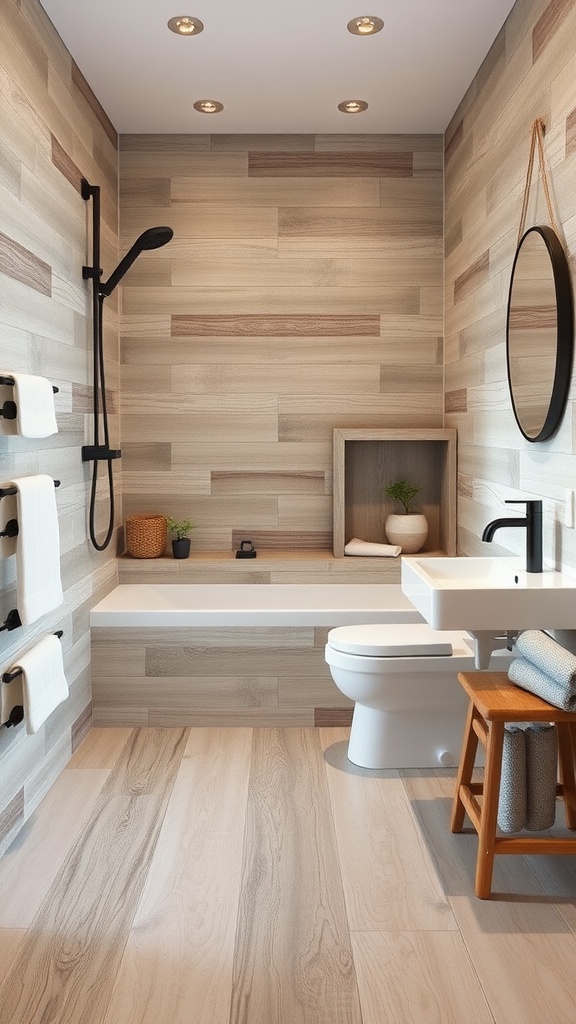 A bathroom featuring rustic wood-look tiles on the floor and walls, with a tub, shower, and modern fixtures.