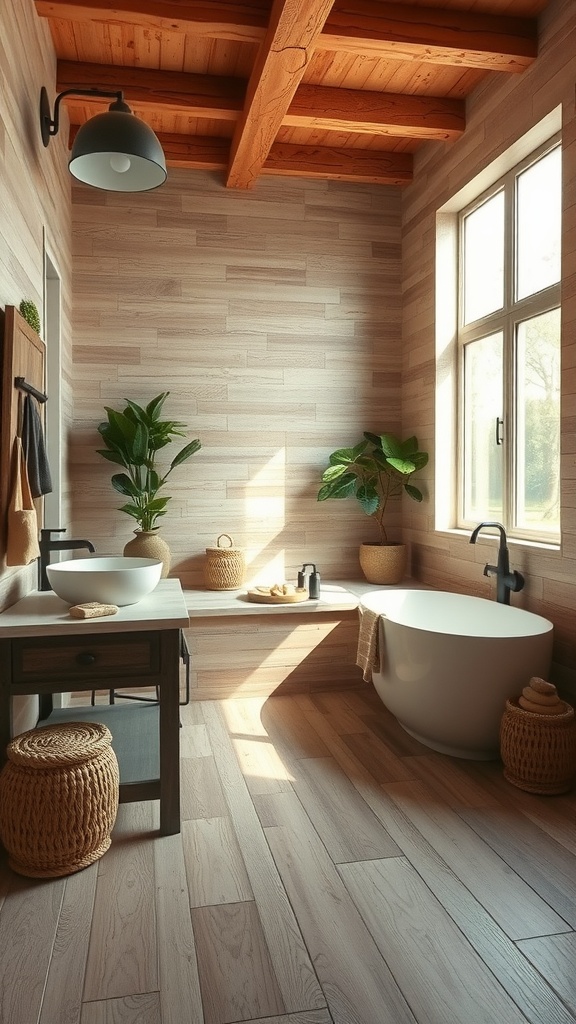 A rustic-themed bathroom featuring wood-look tiles, wooden paneling, and modern fixtures.