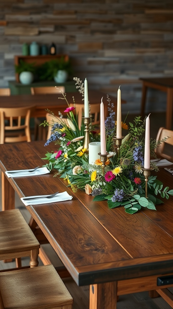 A rustic wooden dining table set with colorful flowers, candles, and neatly arranged cutlery.