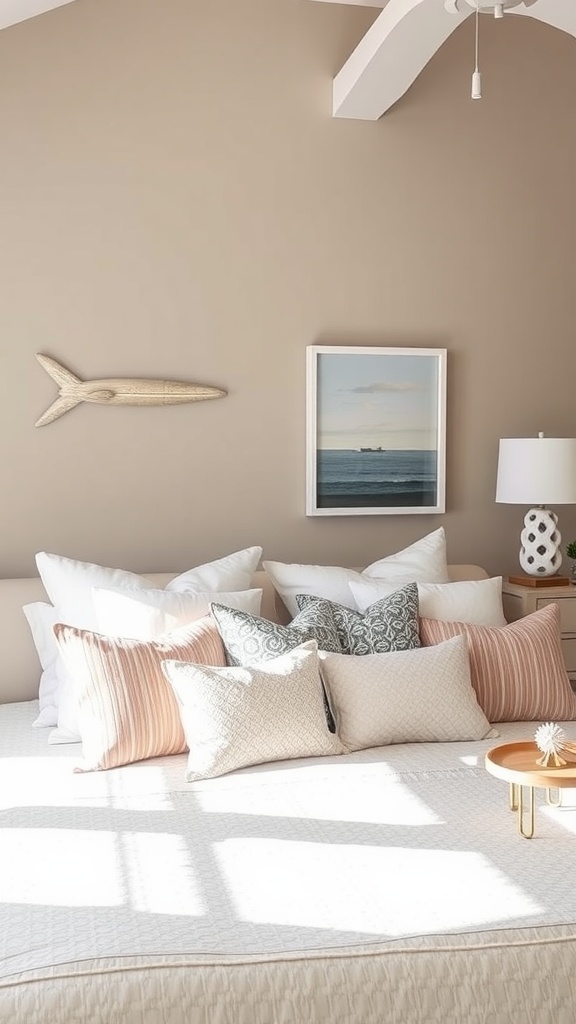 A minimalist bedroom with sandy taupe walls, light furniture, and coastal-themed decor.