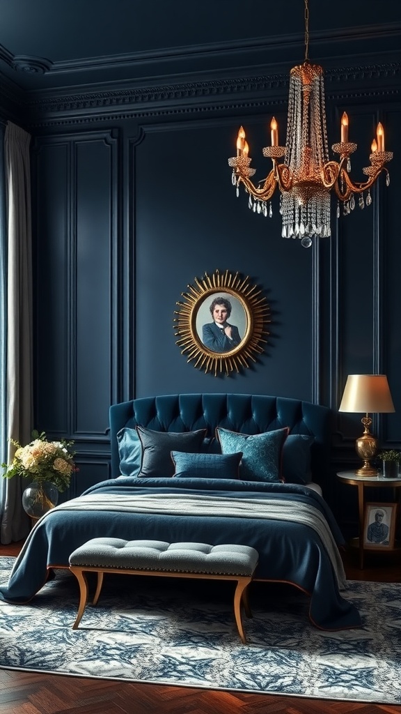 A luxurious bedroom featuring sapphire blue wall color, a velvet headboard, elegant chandelier, and decorative accents.