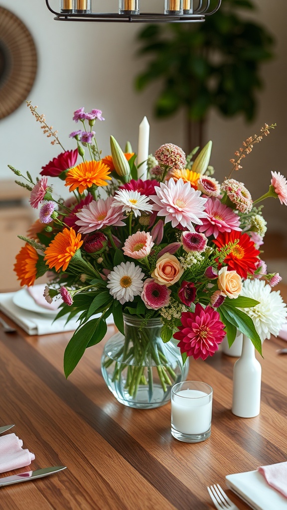 A variety of colorful flowers in vases on a dining table set with plates and cutlery.