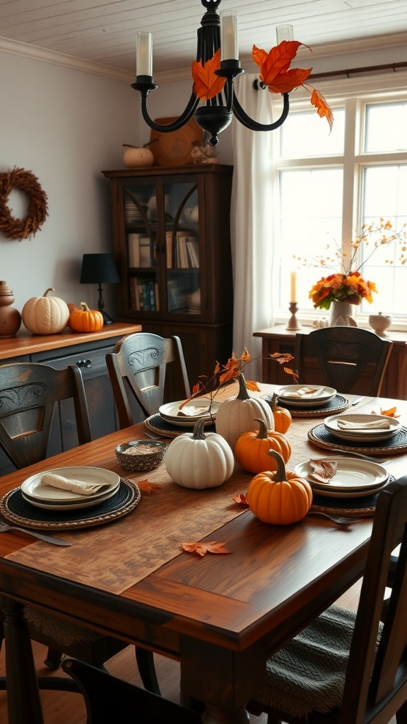 A cozy farmhouse dining room with a wooden table set for autumn, featuring pumpkins and fall leaves as decor.