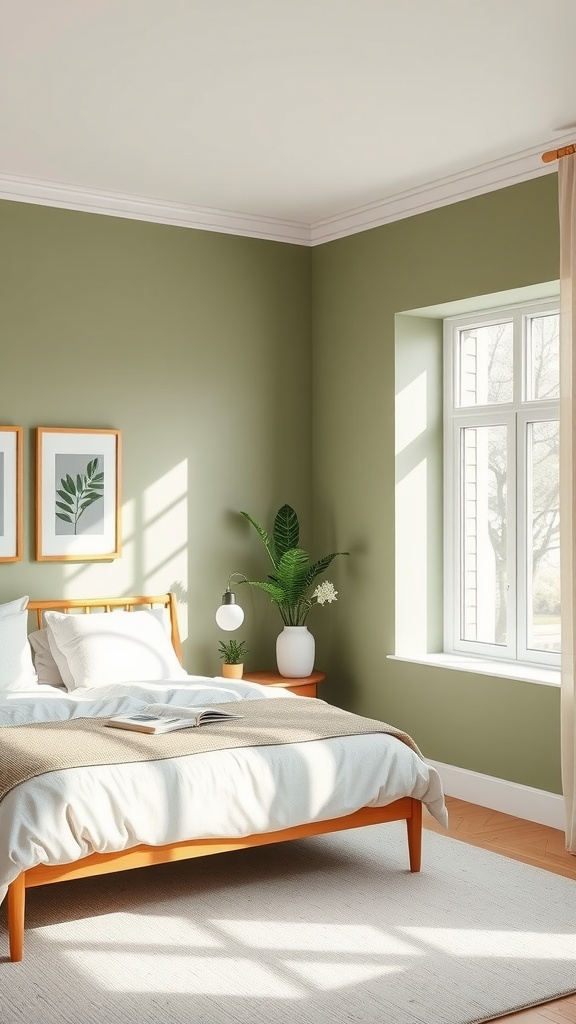 A bedroom with sage green walls, a wooden bed frame, and a cozy ambiance created by natural light.