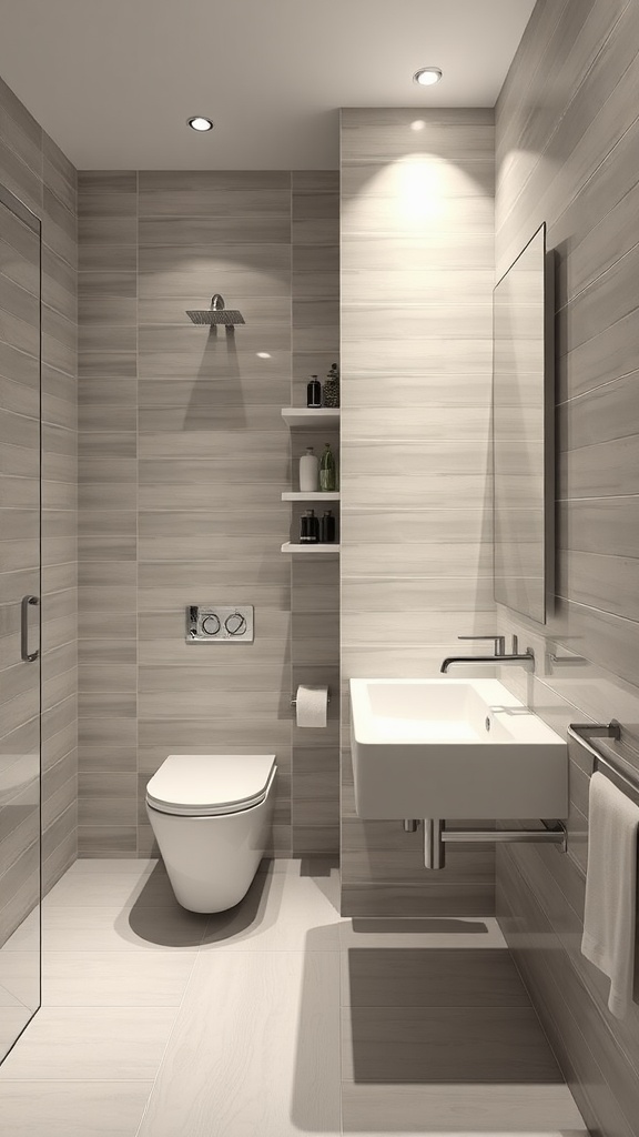 A sleek bathroom featuring modern rectangular tiles in light colors, showcasing a clean design with a sink, toilet, and minimal shelving.