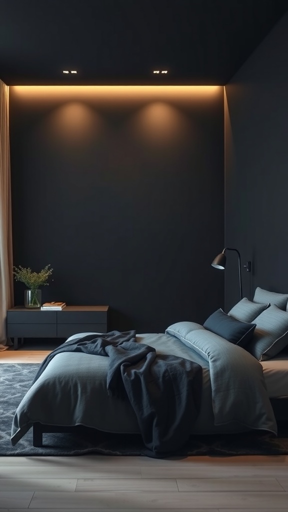 A moody bedroom featuring sleek black walls, warm ambient lighting, and gray bedding.