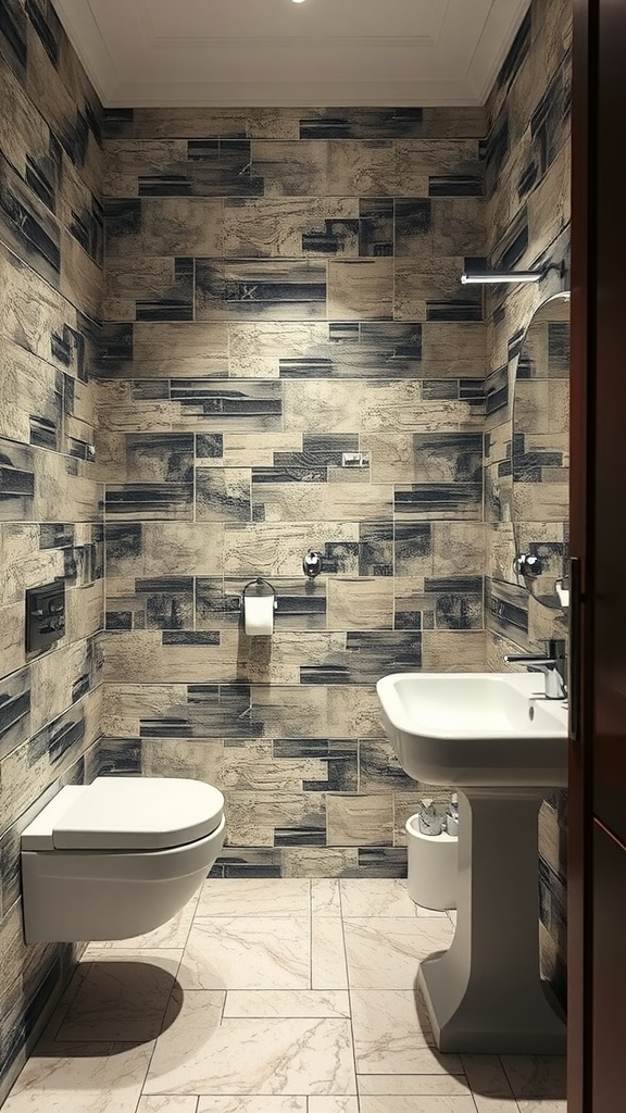 Small bathroom with patterned tile walls and white fixtures