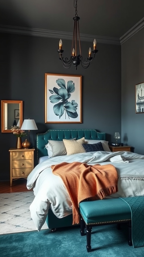 A cozy bedroom featuring smoky teal walls, a teal headboard, and elegant decor, showcasing sophistication and comfort.