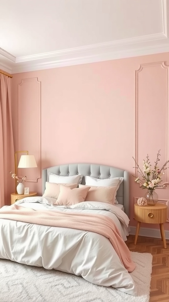 A stylish modern bedroom featuring soft blush pink walls, a gray upholstered headboard, and light bedding.