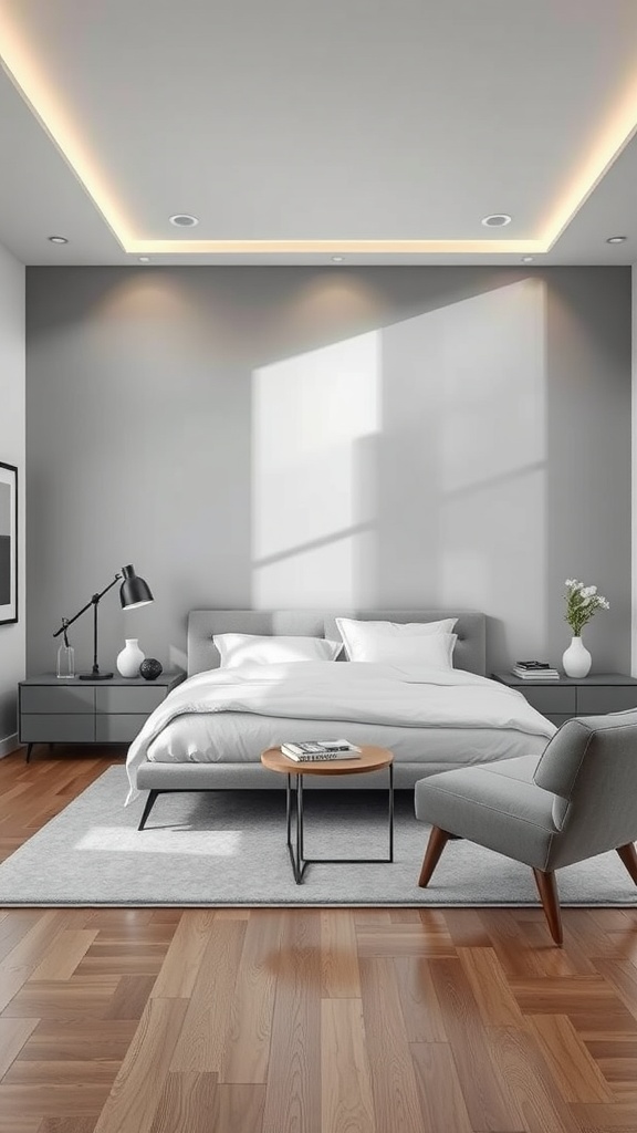 A stylish bedroom with soft gray walls, modern furniture, and natural light.