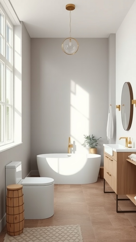 A modern bathroom with brown tile flooring and soft gray walls, featuring a freestanding tub and wooden vanity.