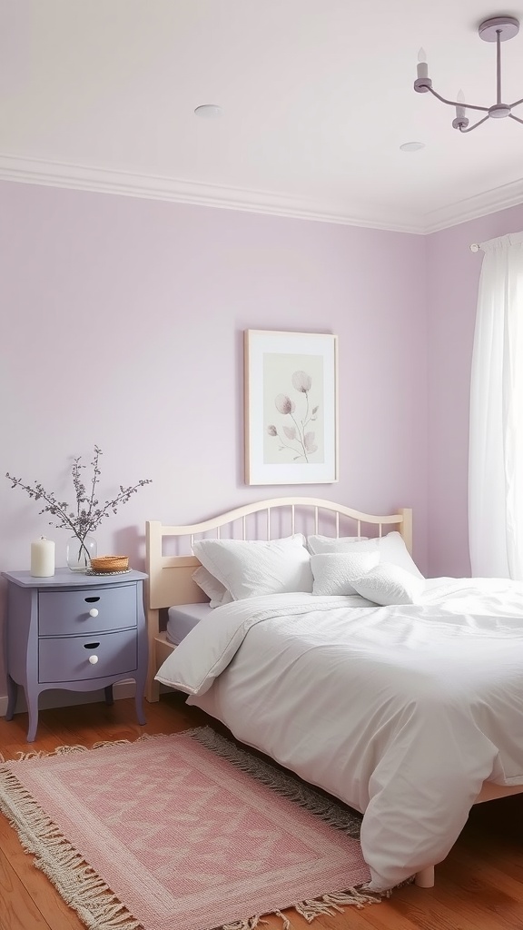 A serene bedroom with soft lavender walls, light wooden furniture, and white bedding, creating a calming atmosphere.