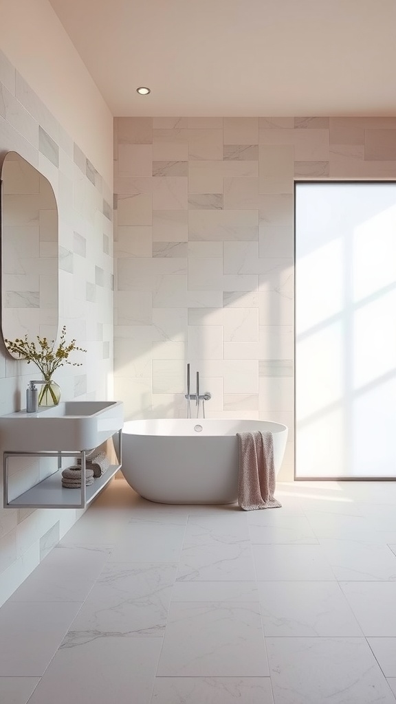 A bathroom with soft pastel colored tiles, featuring a modern design and a calming atmosphere.