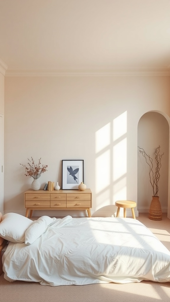 A minimalist bedroom with soft sand beige walls, featuring a wooden dresser and a bed with white bedding.