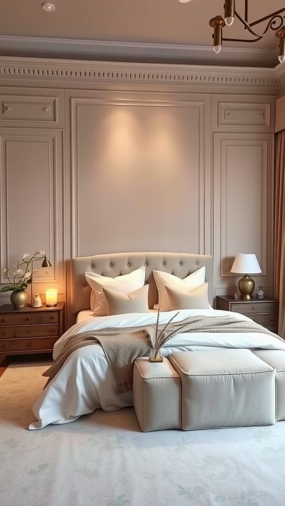 Elegant bedroom featuring soft taupe walls, a plush bed with decorative pillows, and warm lighting.