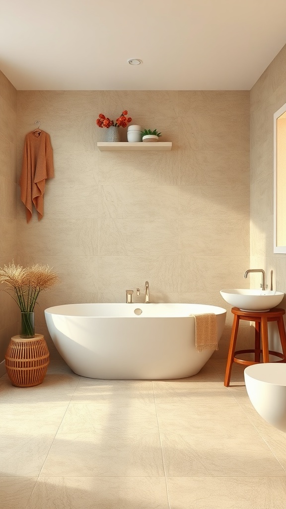 A modern bathroom featuring soft textured tiles, a chic bathtub, natural plants, and warm lighting.