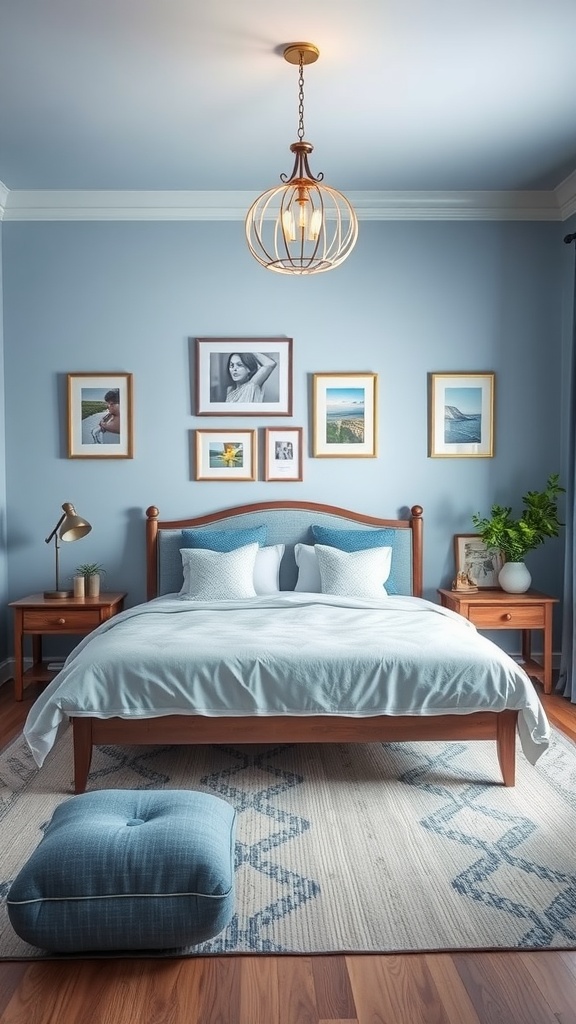 A cozy bedroom with dove blue walls, featuring light bedding and decorative accents.