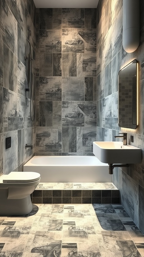 A modern bathroom featuring split-level tile designs in varying shades of gray.