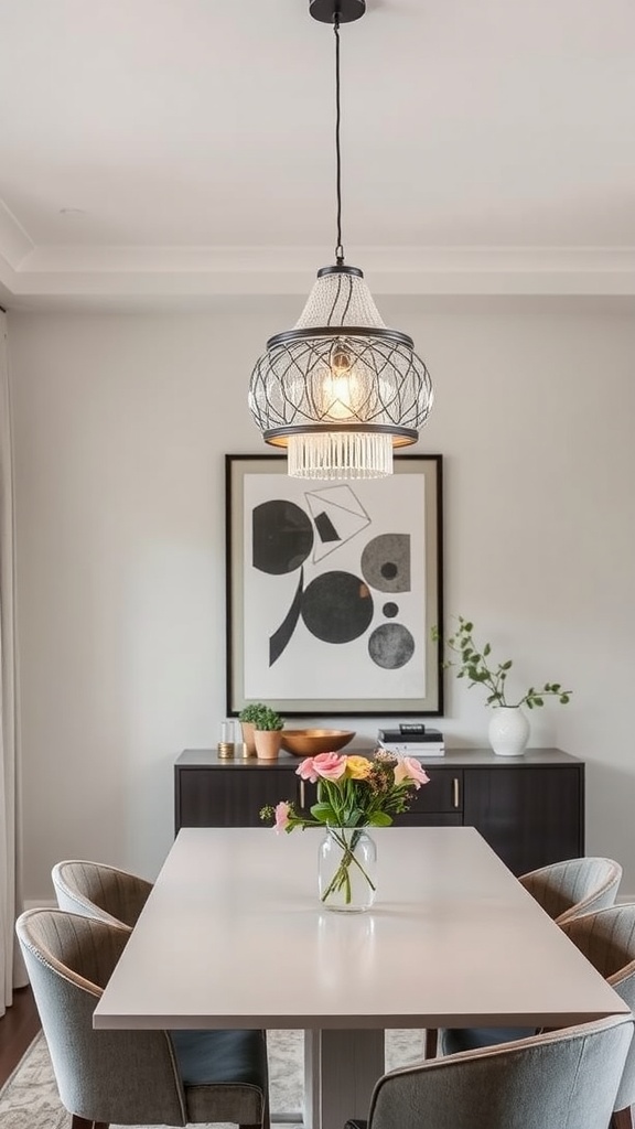 A neutral dining room with a wooden table, woven pendant light, and modern decor elements.