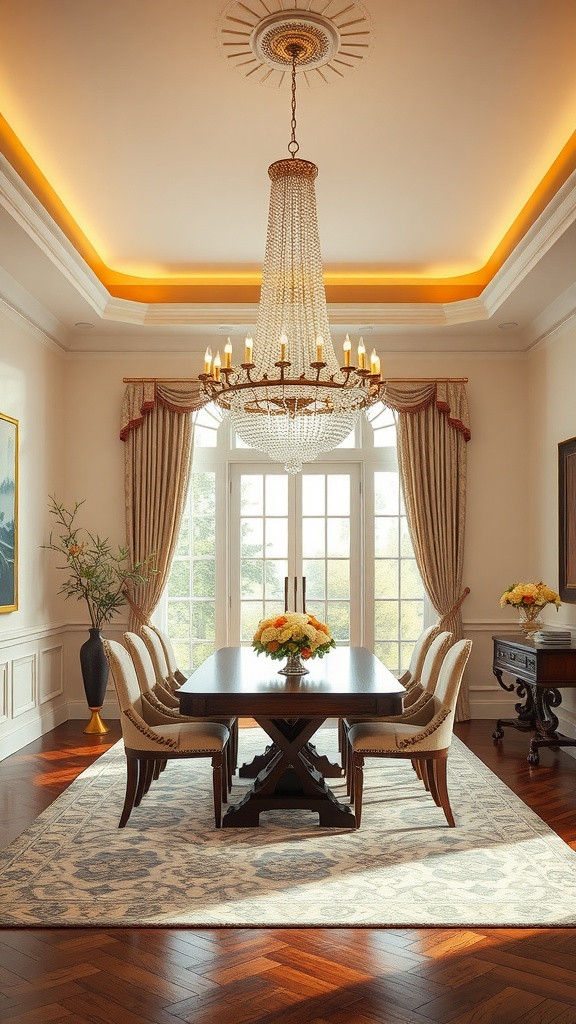 Elegant chandelier in a transitional dining room with stylish furniture and decor