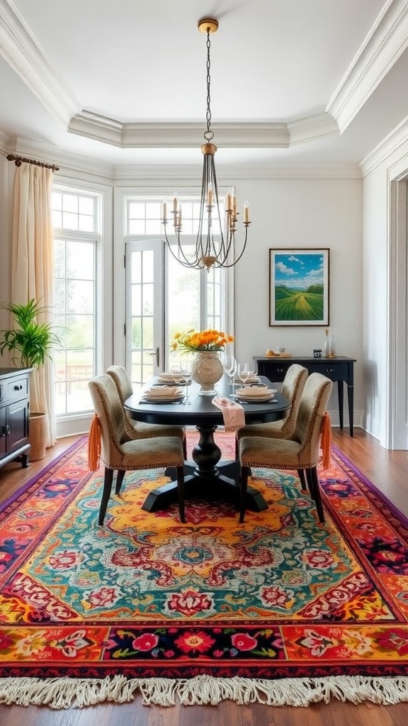 A cozy dining room featuring a decorative red rug with intricate patterns around a dark wooden dining table and chairs.