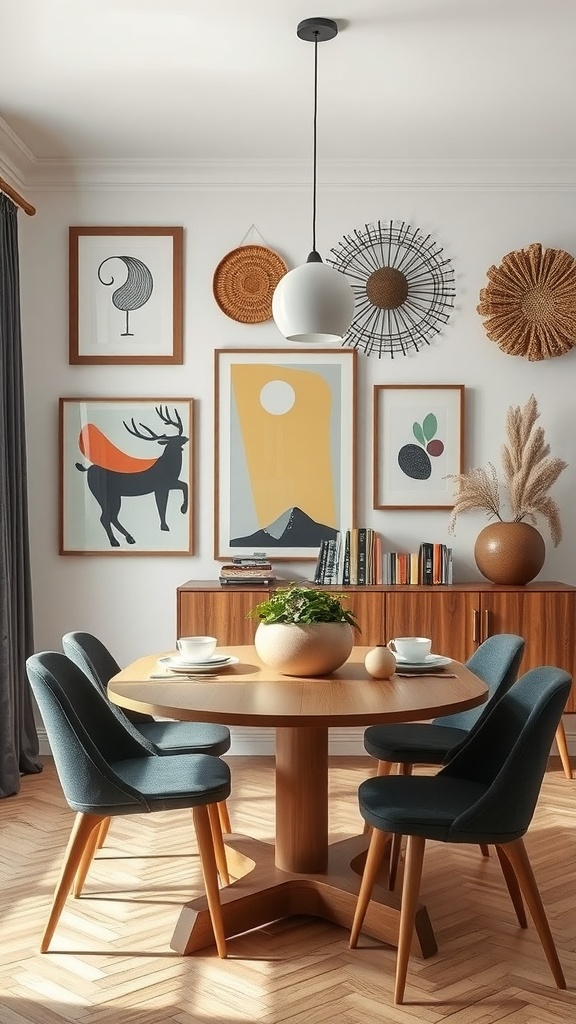 A stylish dining room featuring a statement wall with a mix of art, including framed prints and woven decorations.