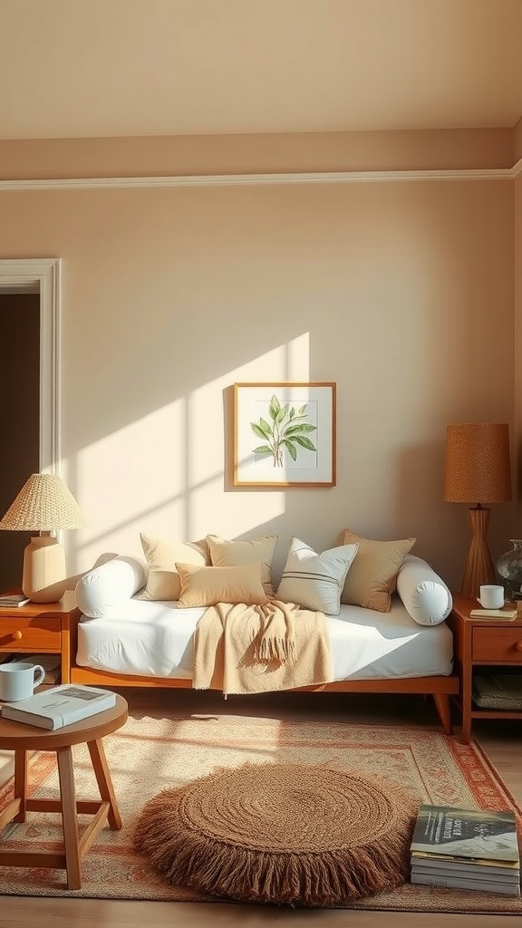 A cozy bedroom featuring subtle beige walls, wooden furniture, and soft textiles, illuminated by natural light.