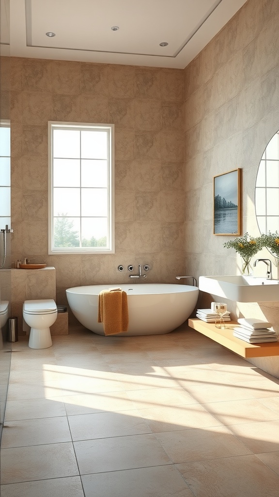 A serene bathroom featuring earthy toned floor tiles, a freestanding tub, and natural light from a large window.