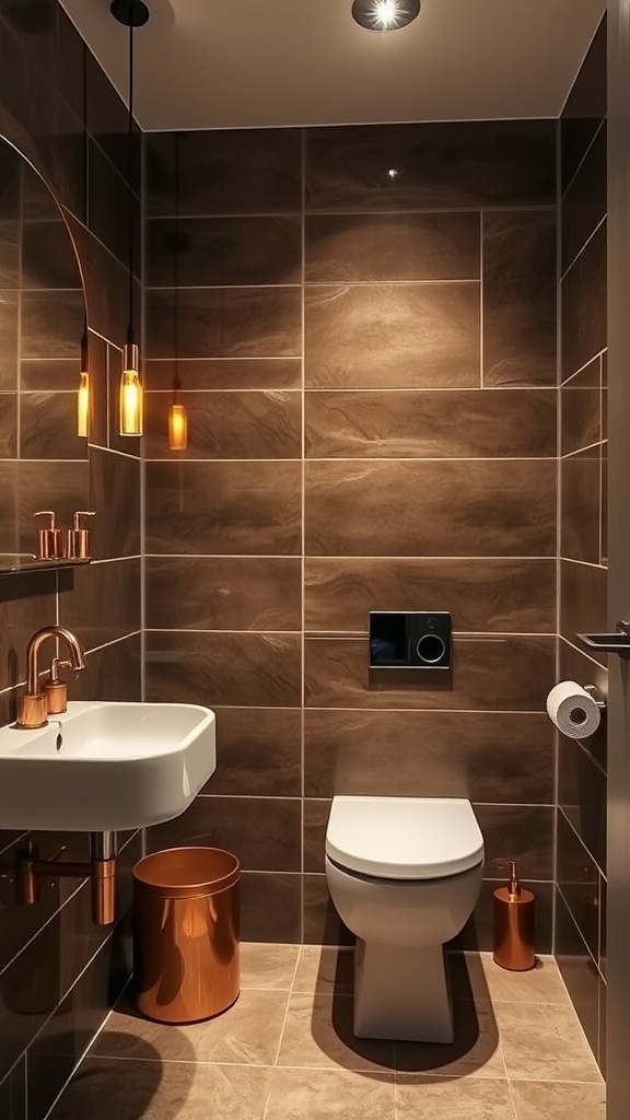 A modern bathroom featuring brown tile walls, a white bathtub, and gold metallic accents.