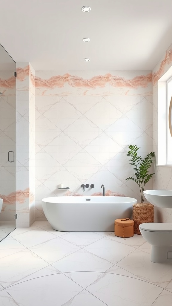 A modern bathroom featuring soft pink brick tiles, gold fixtures, and a touch of greenery.