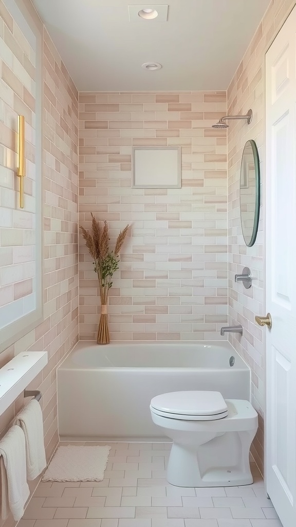 A luxurious bathroom featuring pastel pink tiles, a bathtub, and modern fixtures.