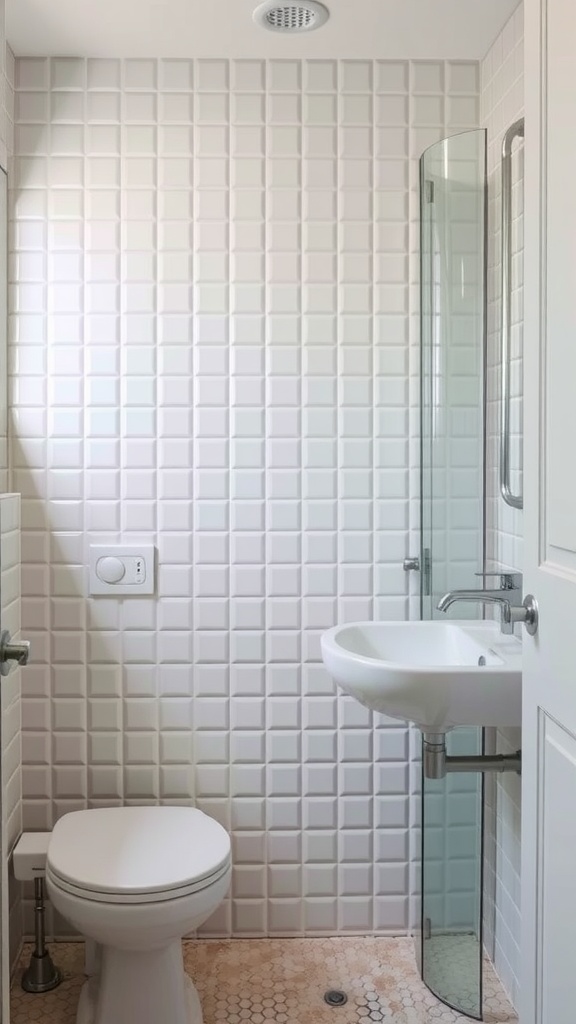 A small bathroom with pastel subway tiles and hexagonal floor tiles, featuring a white toilet and shower.