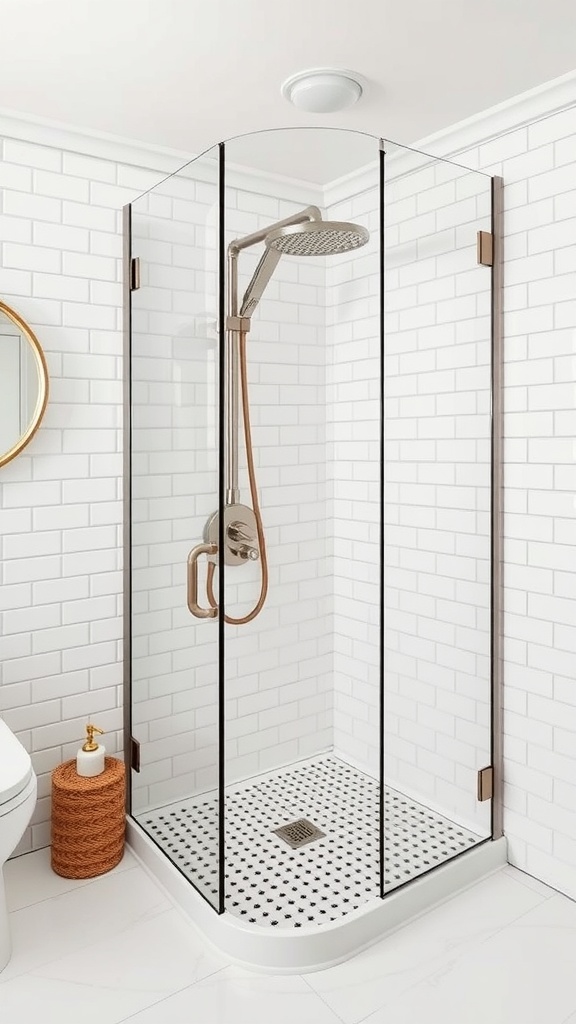 A modern shower featuring white subway tiles and an accent tile strip.