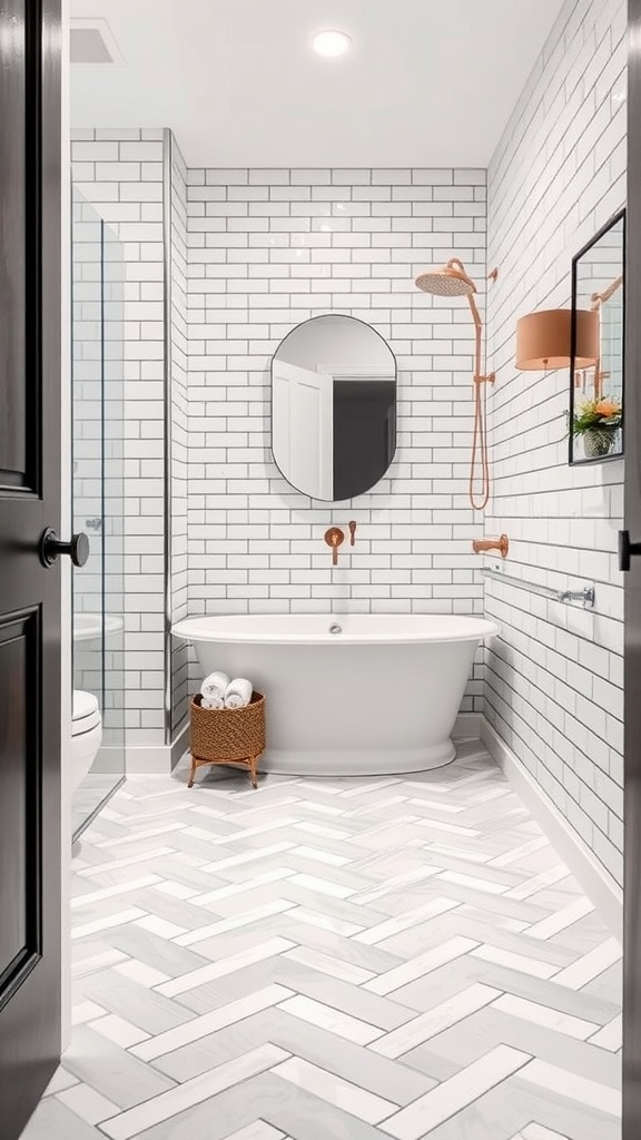 A bathroom featuring white subway tiles in a diagonal layout on the walls and floor.