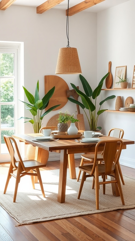 A cozy dining room featuring a wooden table, stylish chairs, and plants, embodying sustainable furniture design.