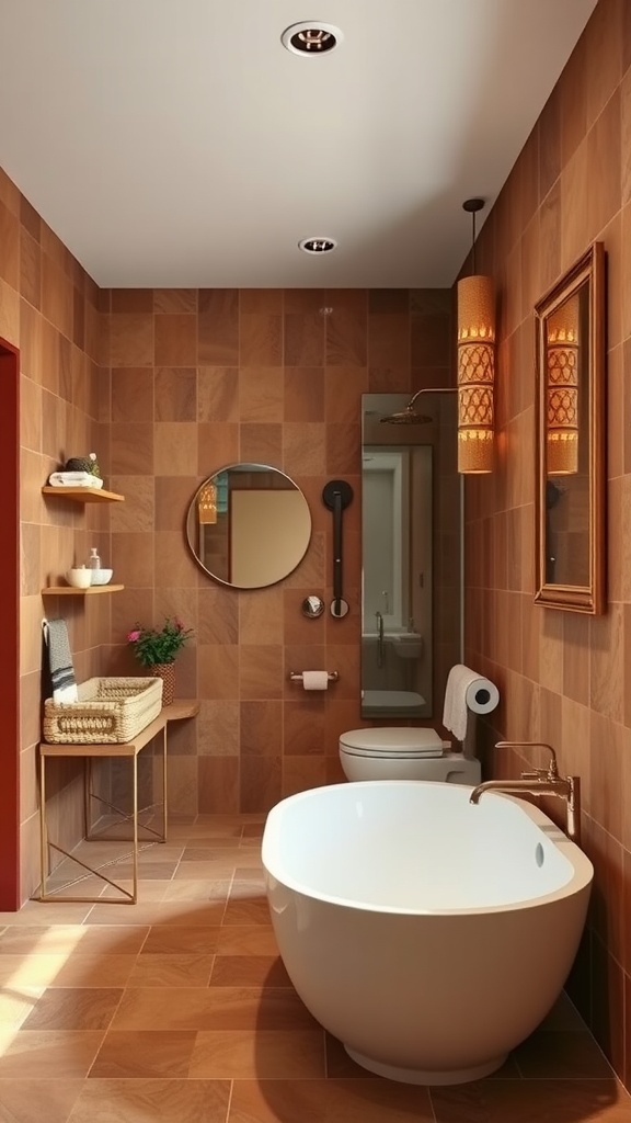 Bathroom with brown tile walls, terra cotta accents, and elegant lighting