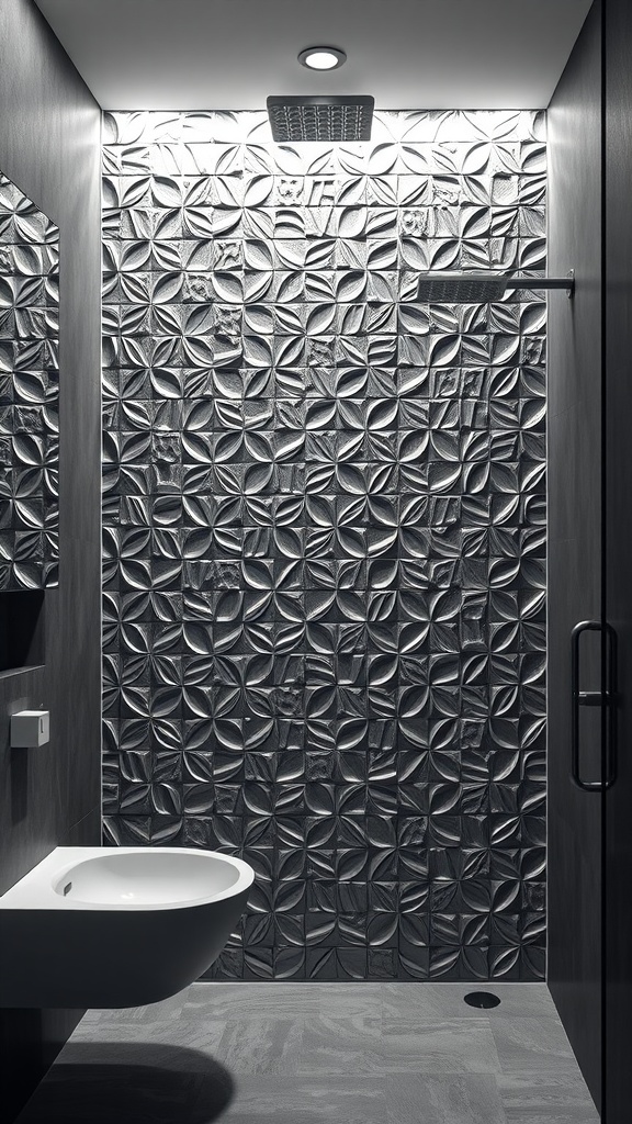 A stylish bathroom featuring 3D textured tiles on the wall, showcasing intricate patterns and a modern aesthetic.