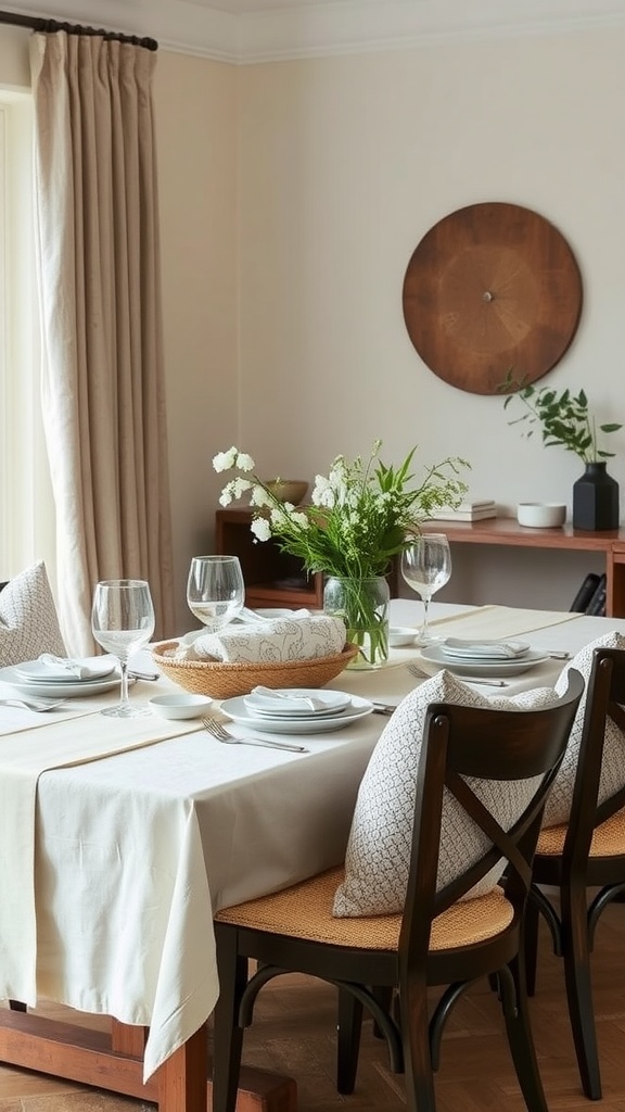 A cozy dining room setup with textured pillows and elegant table settings